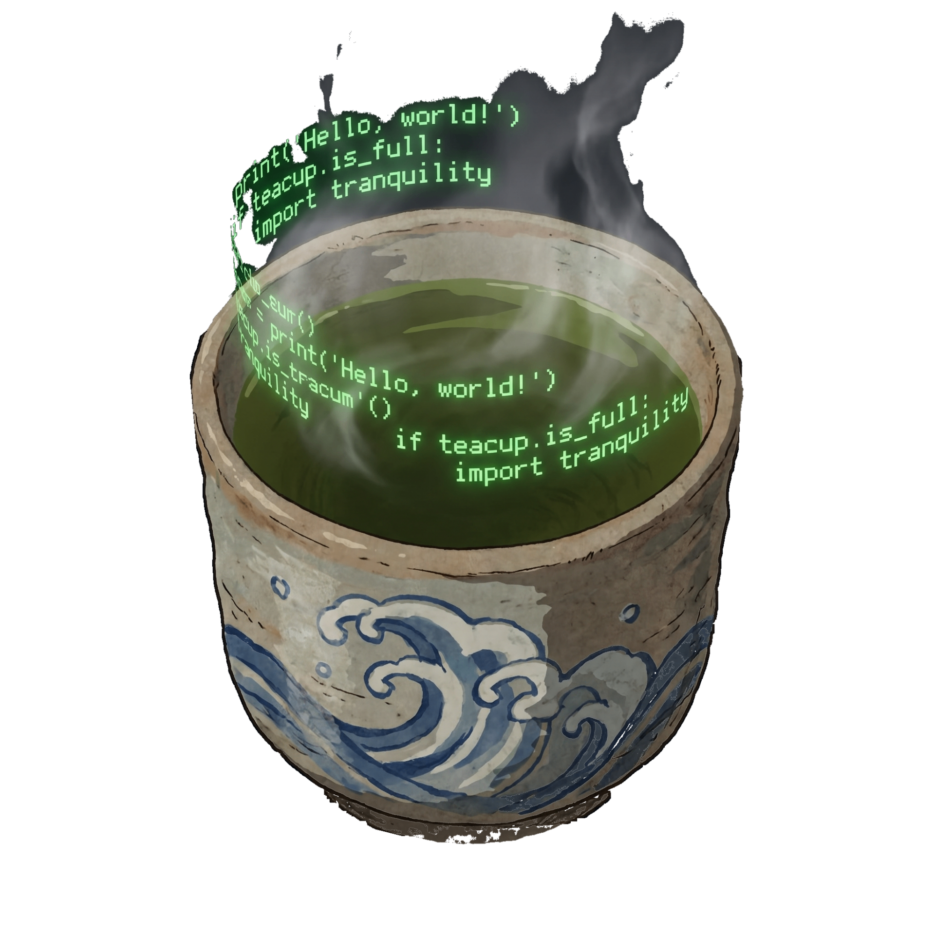 Steaming matcha tea cup with glowing green terminal code rising as steam